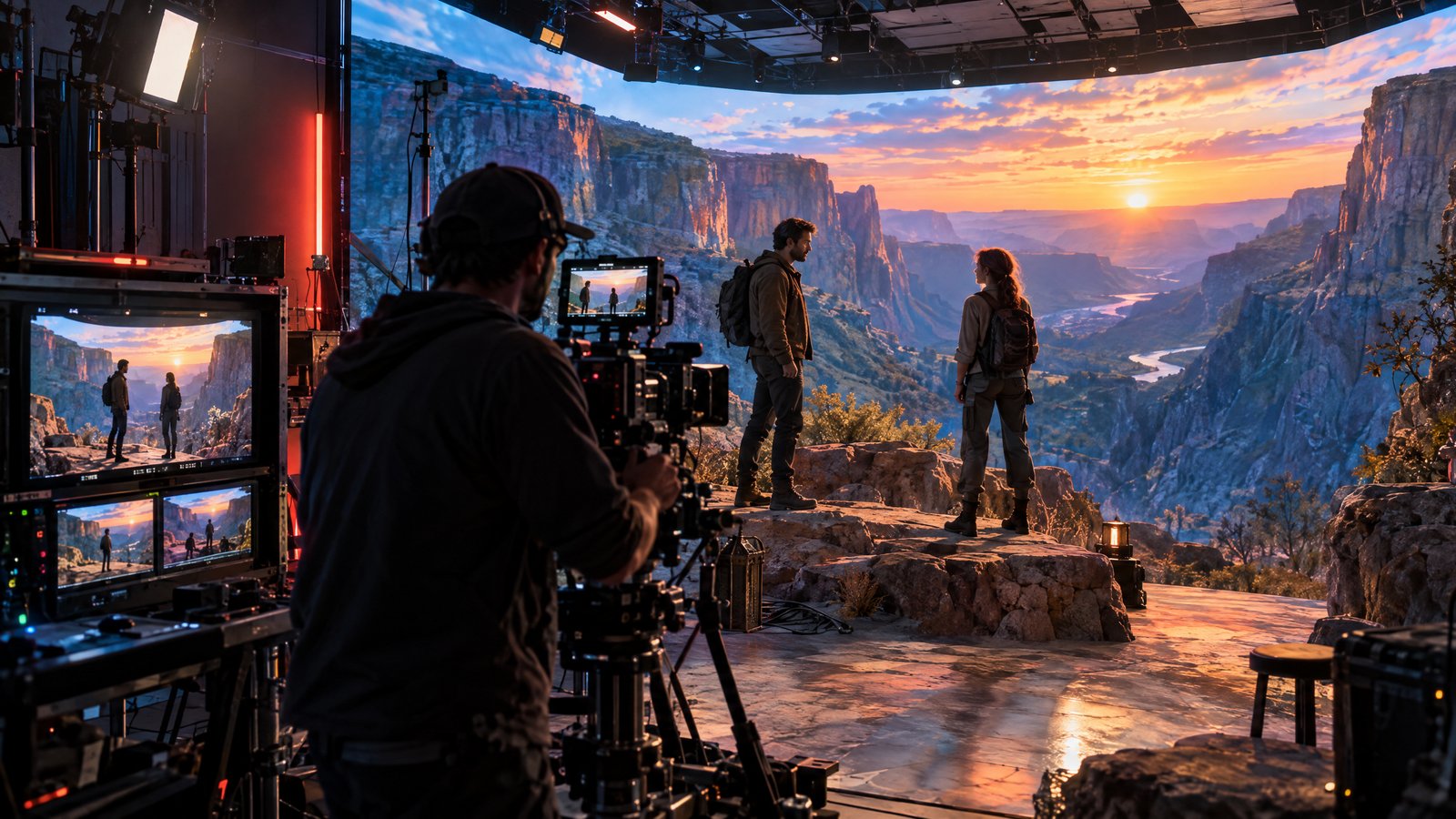 Conceptual compact LED-volume studio with actors and in-camera visual effects